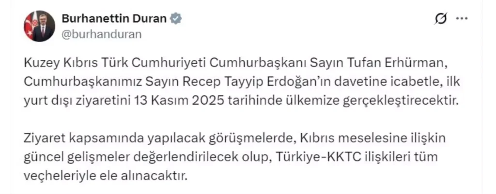 KKTC Cumhurbaşkanı Erhürman’ın Türkiye Ziyareti İçin İlk Resmi Duyuru