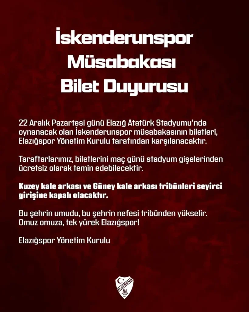Elazığspor idaresi, İskenderunspor maçının biletlerini fiyatsız dağıtacak